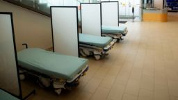 Beds in hospital lobby