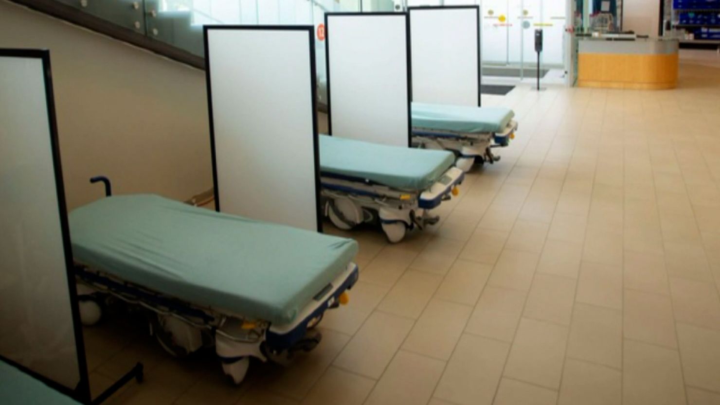 Beds in hospital lobby