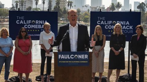 California gubernatorial candidate and former San Diego mayor Kevin Faulconer, center, speaks to the media at a campaign stop to promote his "women's empowerment plan" at MacArthur Park in Los Angeles Monday, Aug. 30, 2021. 
