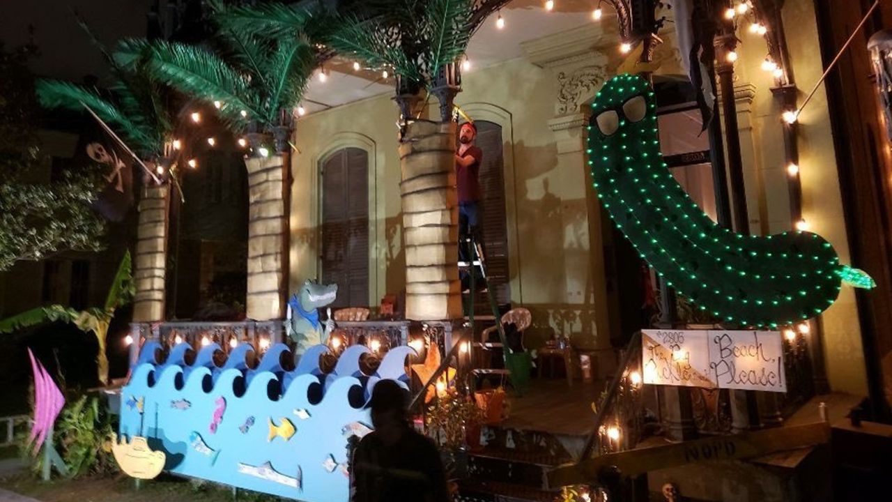 Alexandra's building decorated in 2020 for Mardi Gras. There were no parades because of Covid, so there was a city wide project of people turning their houses into floats.