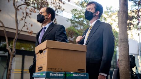 Defense attorneys for Elizabeth Holmes, founder of Theranos, arrive at the Robert F. Peckham Federal Building on August 31, 2021 in San Jose, California.