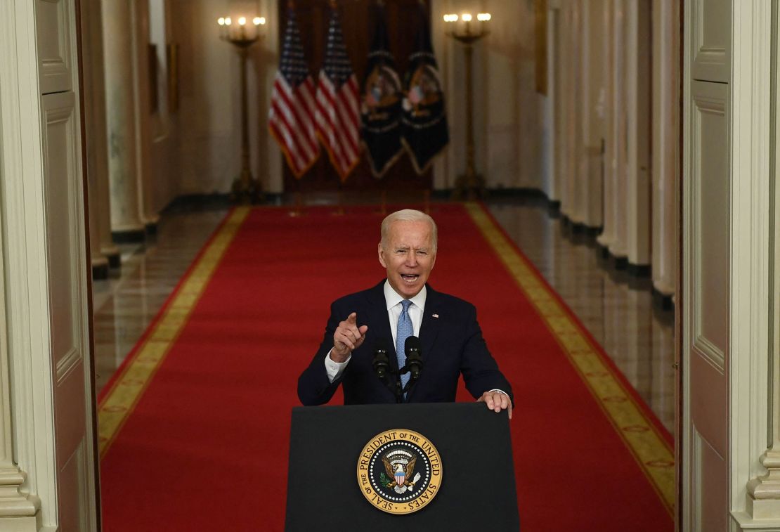 US President Joe Biden speaks on ending the war in Afghanistan in the State Dining Room at the White House in Washington, DC, on August 31, 2021. - US President Joe Biden is addressing the nation on the US exit from Afghanistan after a failed 20 year war that he'd vowed to end but whose chaotic last days are now overshadowing his presidency. (Photo by Brendan Smialowski / AFP) (Photo by BRENDAN SMIALOWSKI/AFP via Getty Images)