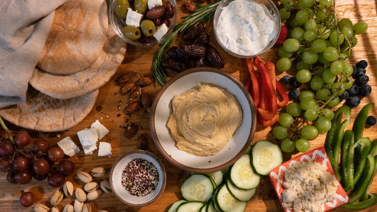A Mediterranean meze spread is typically served as an appetizer but works well as brunch for a crowd.