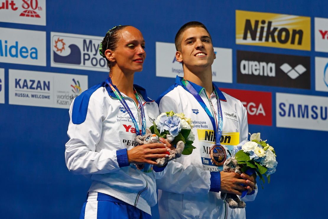 In an industry where male artistic swimmers are facing homophobia and prejudice, Minisini hopes to strive for change. He represented Italy at the 2015 World Aquatics Championships in Kazan, Russia, when men were finally allowed to compete internationally, and claimed two bronze medals, including one in the mixed duet free with Mariangela Perrupato (left).