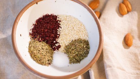 (Clockwise from bottom left) Za'atar blends thyme, sumac, sesame seeds and oregano with salt.