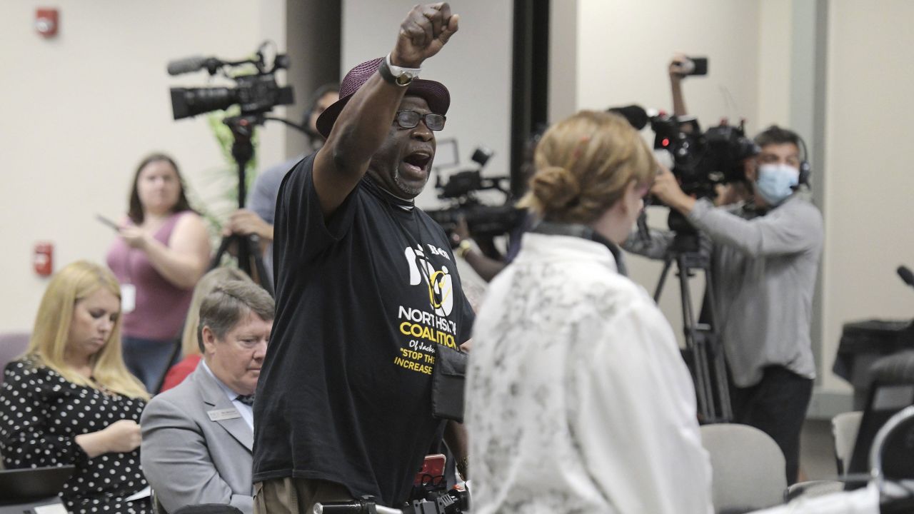 Ben Frazier, the founder of the Northside Coalition of Jacksonville, chants "Allow teachers to teach the truth" at the end of his public comments opposing Florida's plan to ban critical race theory in public schools, June 10, 2021.