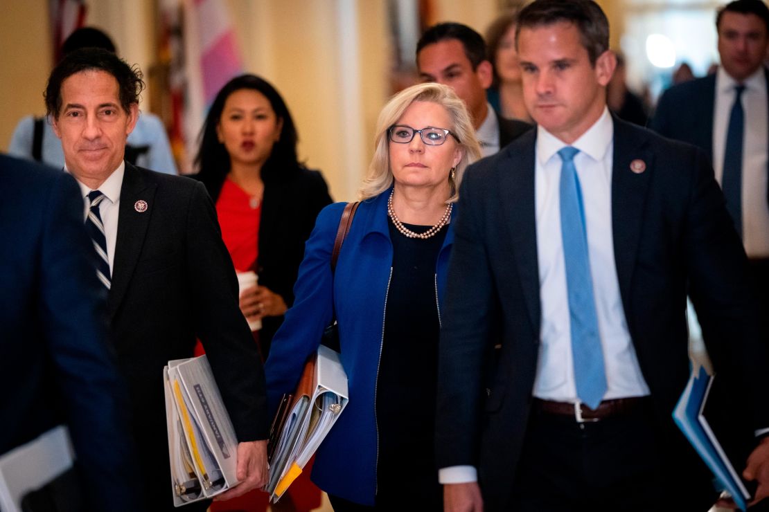 (L-R) Rep. Jamie Raskin (D-MD), Rep. Liz Cheney (R-WY) and Rep. Adam Kinzinger (R-IL) arrive for the House Select Committee hearing investigating the January 6 attack on the U.S. Capitol on July 27, 2021.