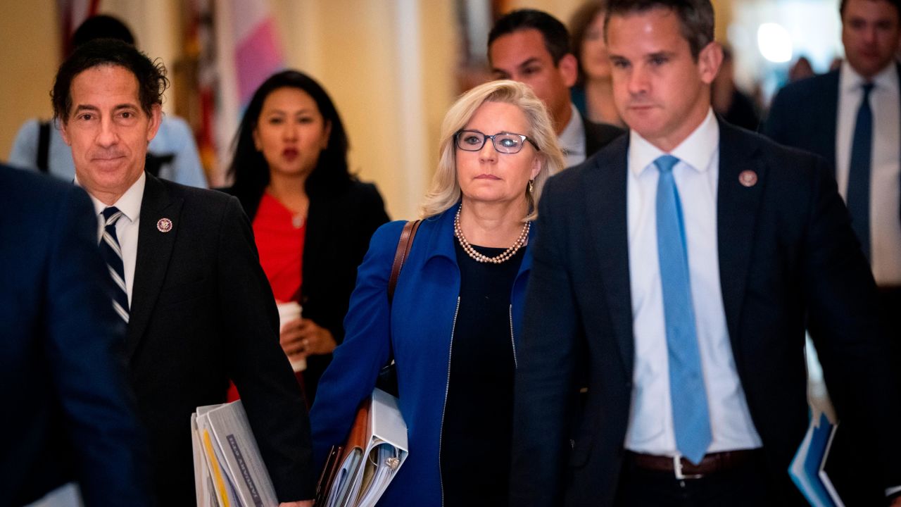 (L-R) Rep. Jamie Raskin (D-MD), Rep. Liz Cheney (R-WY) and Rep. Adam Kinzinger (R-IL) arrive for the House Select Committee hearing investigating the January 6 attack on the U.S. Capitol on July 27, 2021.
