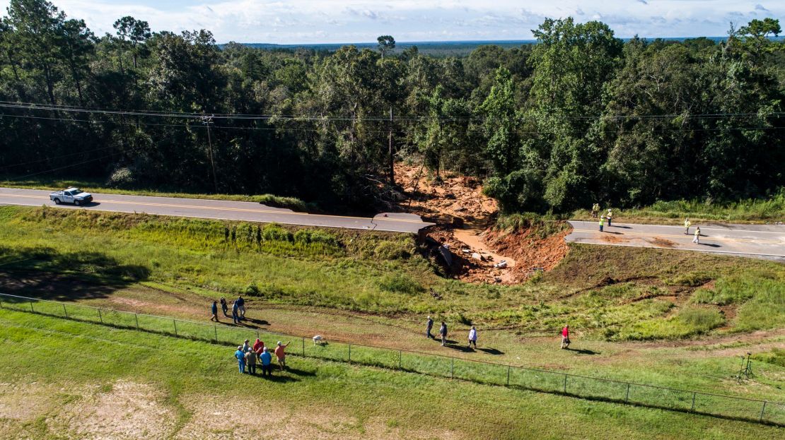 This aerial image shows a collapsed section of Highway 26  west of Lucedale, Mississippi.