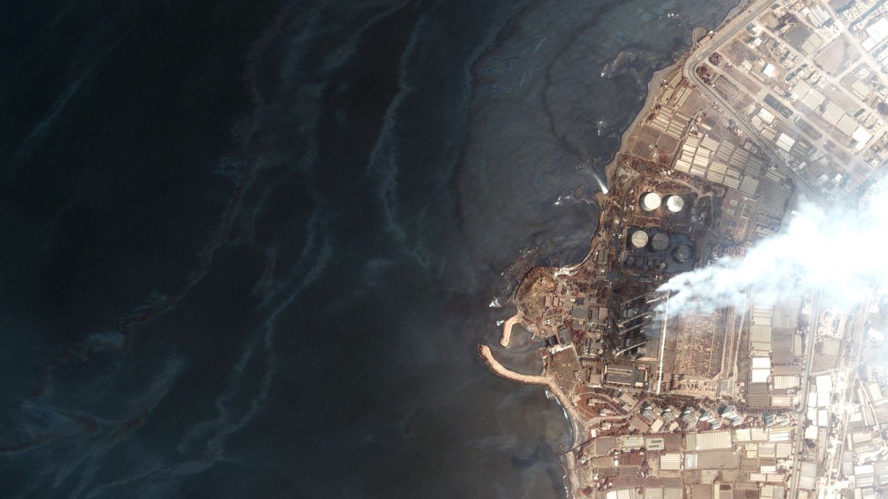 An aerial image provided by Maxar showing oil pooling around the power plant in Baniyas, Syria.