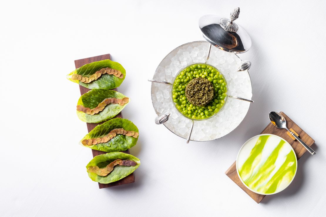 One of the items on the new vegan Eleven Madison Park menu: tonburi with pea cream and baby lettuce.