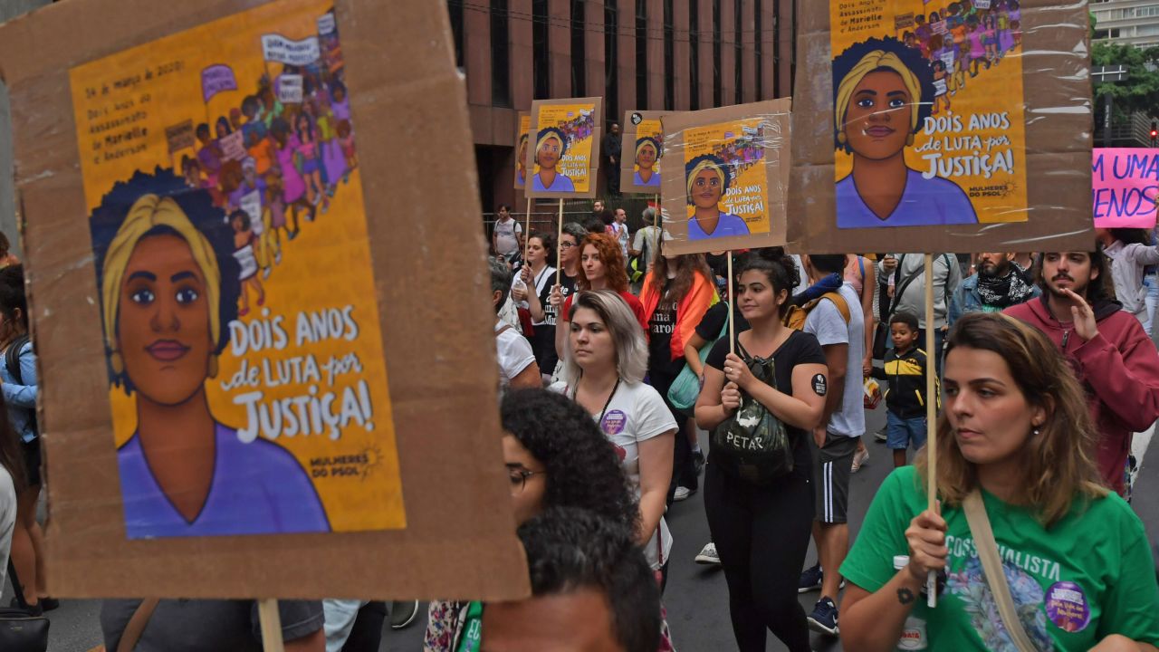 Women march for International Women's Day in Sao Paulo, Brazil, on March 8, 2020.