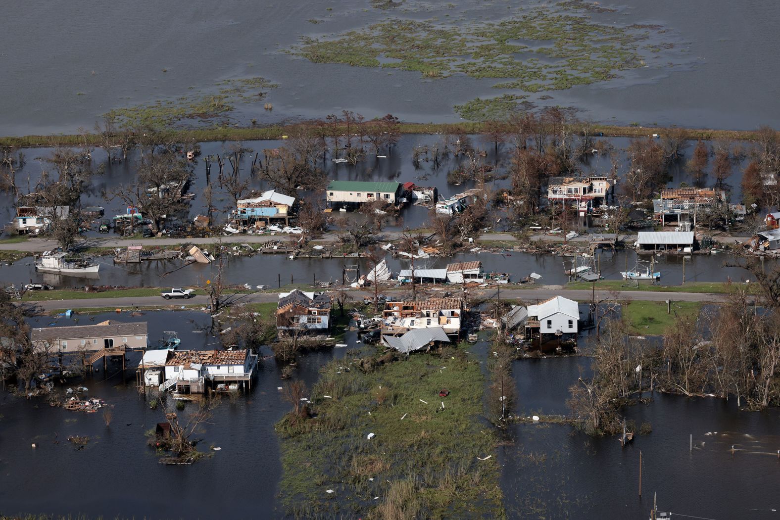 Destroyed homes are surrounded by floodwaters near Point-aux-Chenes, Louisiana, on August 31. 