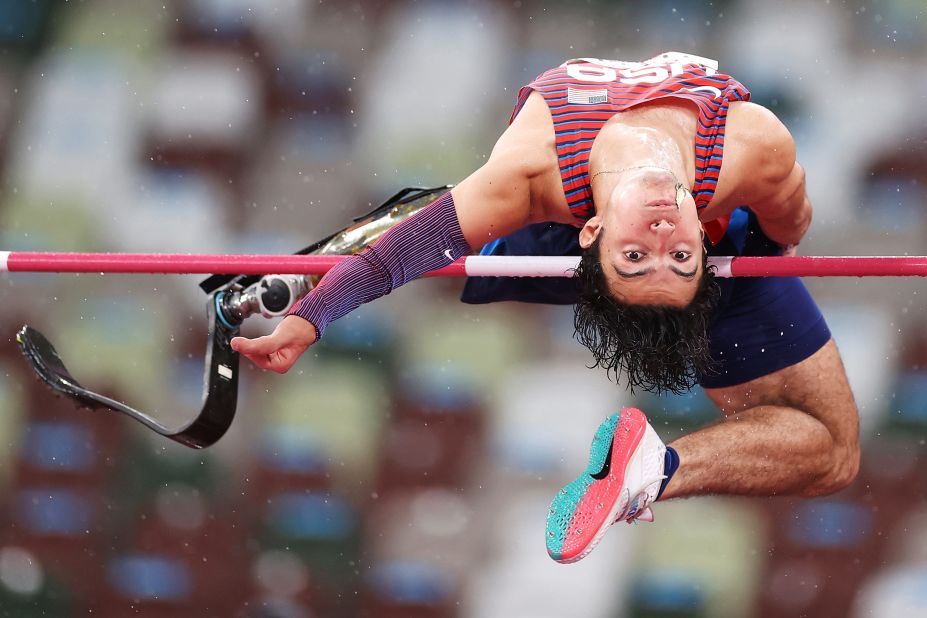 The United States' Ezra Frech competes in the high jump on August 31.