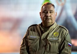 Dmitry Rogozin, Roscosmos director general, is shown during the launch of a Soyuz-2.1b carrier rocket at Vostochny Cosmodrome, in Amur region, Russia.