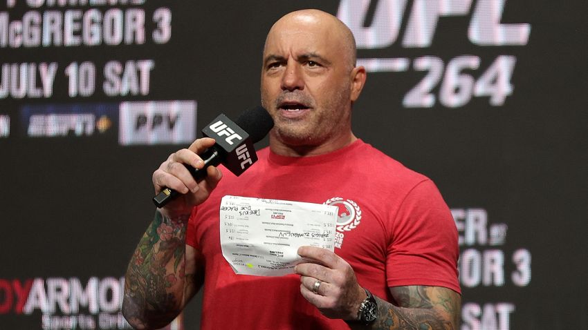 LAS VEGAS, NEVADA - JULY 09: UFC commentator Joe Rogan announces the fighters during a ceremonial weigh in for UFC 264 at T-Mobile Arena on July 09, 2021 in Las Vegas, Nevada. (Photo by Stacy Revere/Getty Images)