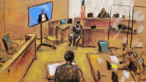 A courtroom sketch shows Nathan Edmond, the minister who married Aaliyah and R. Kelly, testifying via video during Kelly's trial at Brooklyn's Federal District Court on Wednesday.