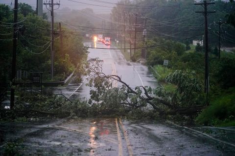 A downed tree blocks a road in Plymouth Meeting, Pennsylvania, on September 1.