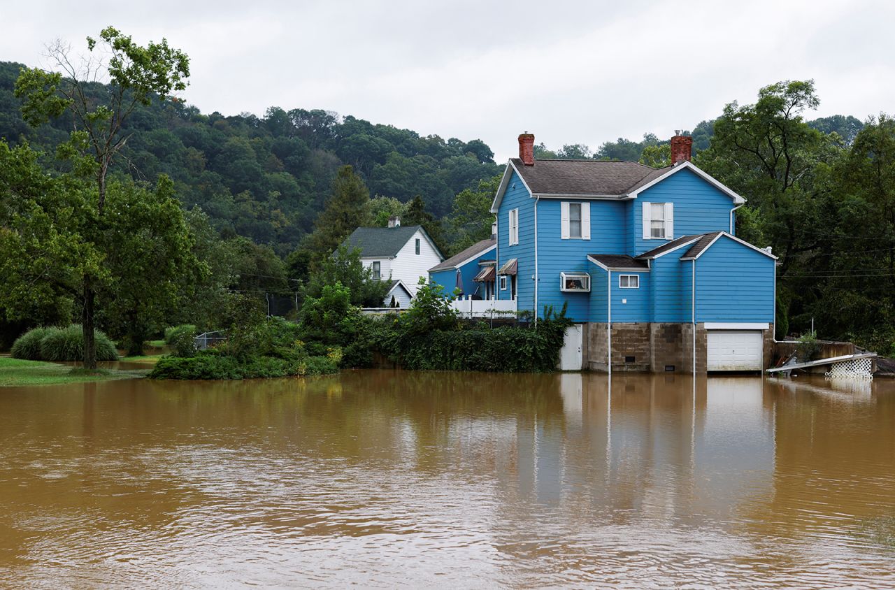 A house sits above floodwaters in Glenshaw, Pennsylvania, on September 1.