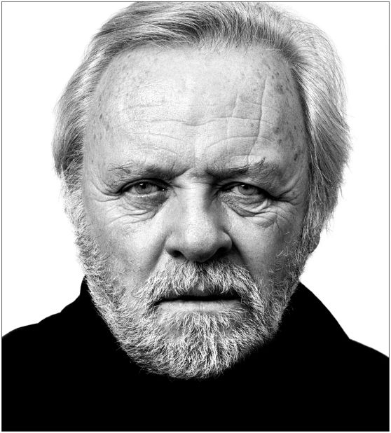 Actor Anthony Hopkins in a black and white portrait.