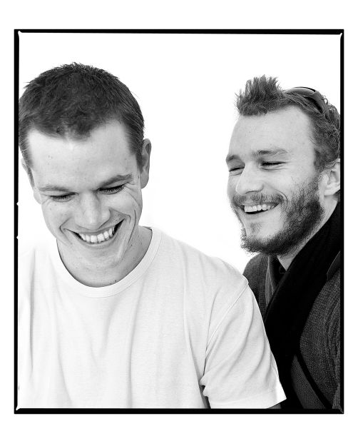 Co-stars Matt Damon and Heath Ledger photographed together while filming "The Brothers Grimm."