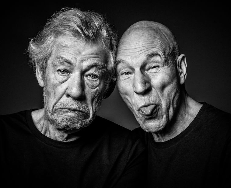 Friends Sir Ian McKellen and Patrick Stewart pull faces for celebrity photographer Andy Gotts. Scroll through to see more images from Gotts' new exhibition and book, "Icons."