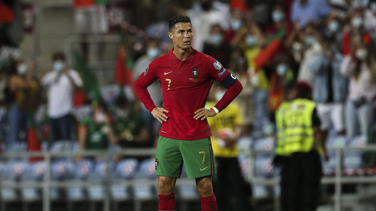 Portugal's forward Cristiano Ronaldo reacts after the FIFA World Cup Qatar 2022 European qualifying round group A football match between Portugal and Republic of Ireland at the Algarve stadium in Loule, near Faro, southern Portugal, on September 1, 2021. 