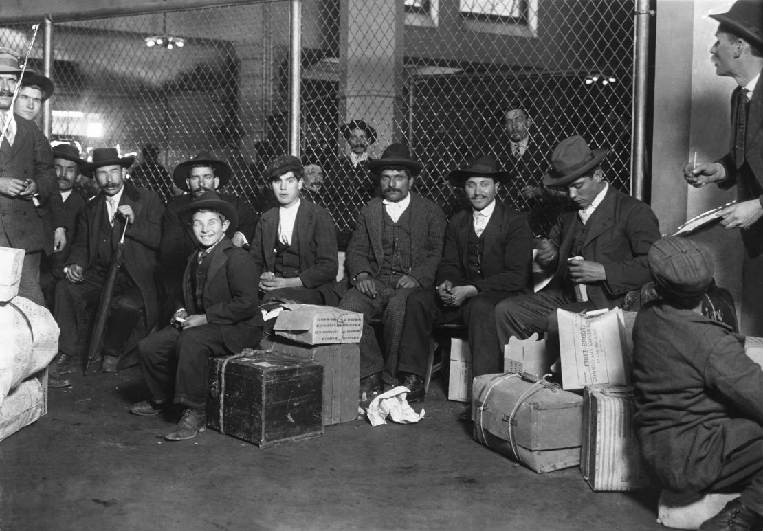 A group of Italian immigrants ready to be processed at Ellis Island in New York in 1905.