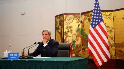 US Special Presidential Envoy for Climate John Kerry at a meeting with Yang Jiechi, Director of China's Office of the Central Commission for Foreign Affairs, via video link in Tianjin, China, on Thursday.