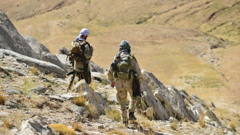 Anti-Taliban fighters patrol the Anaba District of Afghanistan's Panjshir province on September 1.