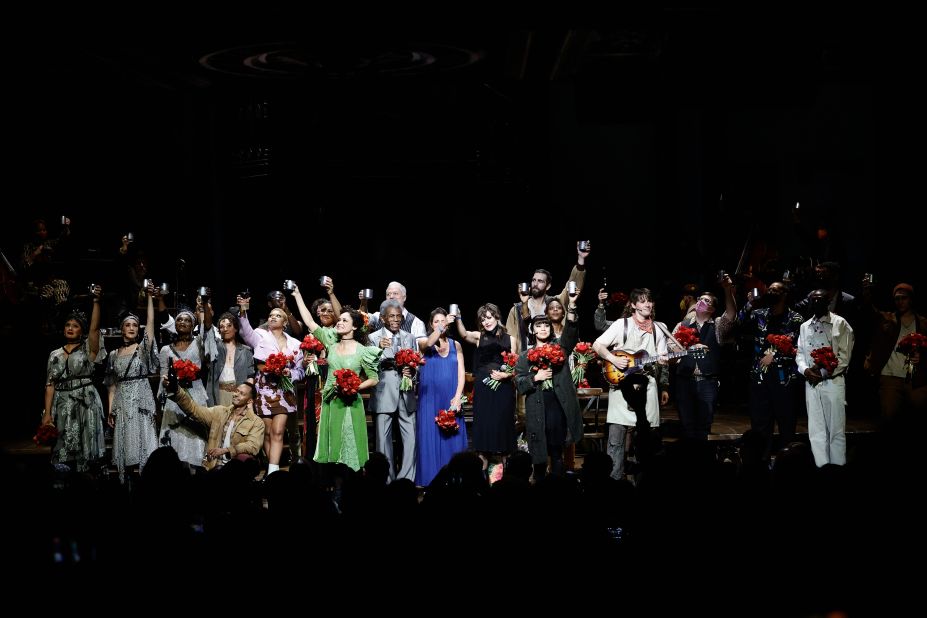 <strong>New York City:</strong> Amid a thrashing from Hurricane Ida, New York City's Broadway theaters reopened on September 2. Here, the cast of Tony-winning musical "Hadestown" take a curtain call.