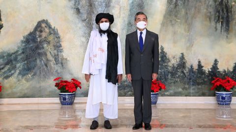 Chinese Foreign Minister Wang Yi meets with Mullah Abdul Ghani Baradar, the Taliban's political chief, in Tianjin, northern China on July 28.