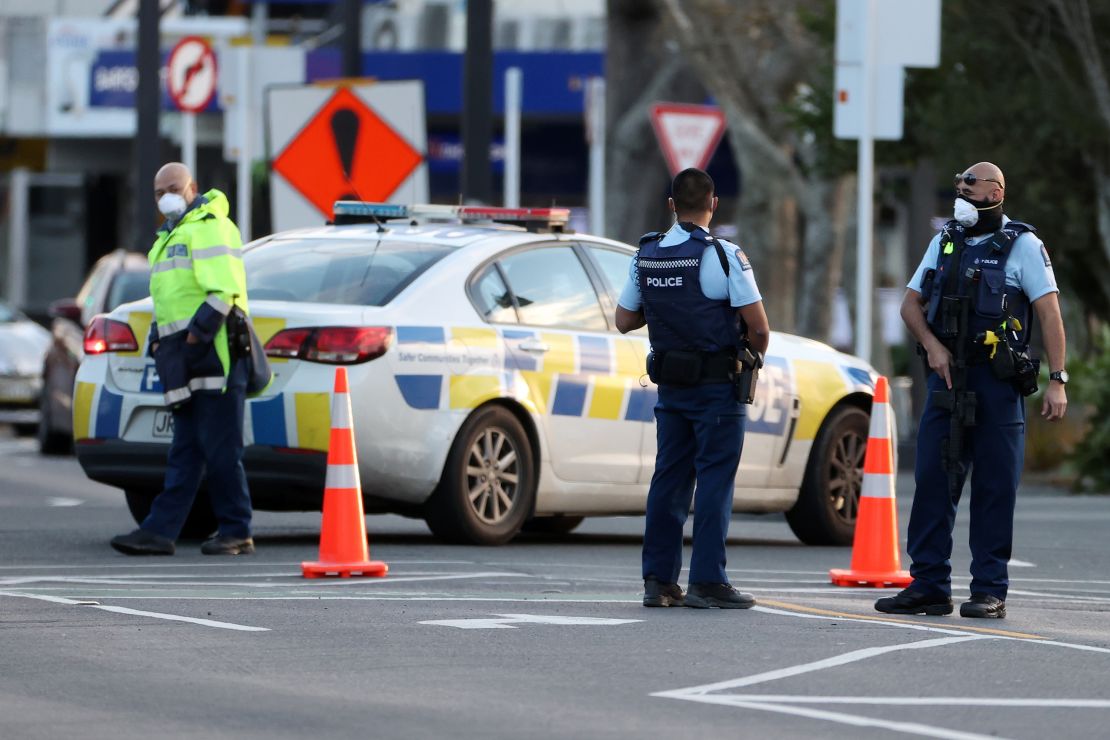 Police guard the area around Countdown LynnMall where an ISIS supporter stabbed six people before being shot by police on September 3 in Auckland, New Zealand. 