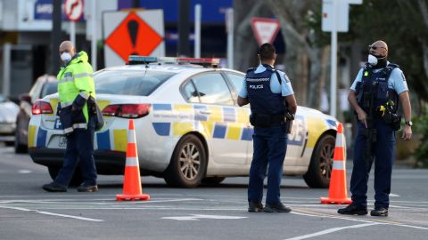 Police guard the area around Countdown LynnMall where a violent extremist reportedly stabbed six people before being shot by police on September 03 in Auckland, New Zealand.