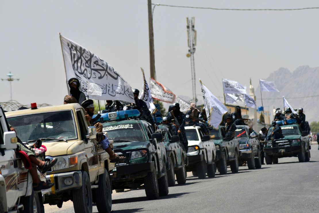 A convoy of Taliban fighters in Kandahar celebrate the withdrawal of US-led coalition forces on September 1.
