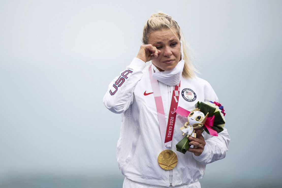A tearful Masters receives her time trial gold medal at the Tokyo Paralympics. 