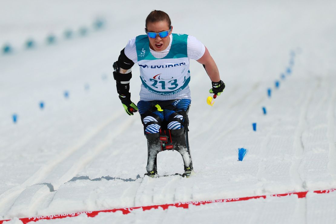 Masters competes in the cross-country skiing 5km sitting event at the 2018 Winter Paralympic Games.