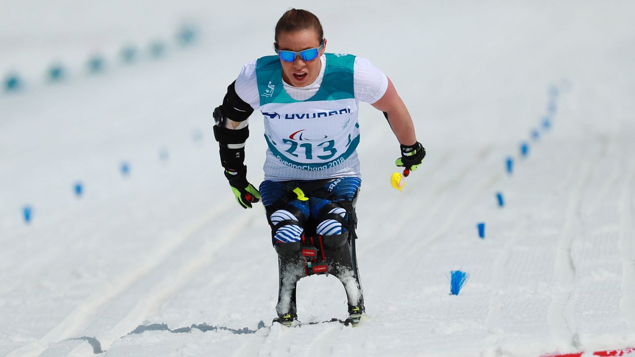 Masters competes in the cross-country skiing 5km sitting event at the 2018 Winter Paralympic Games.