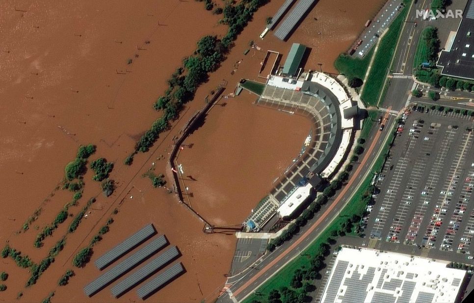 The stadium for the Somerset Patriots, a minor-league baseball team in Bridgewater Township, New Jersey, is partially flooded by overflow from the Raritan River on Thursday, September 2.