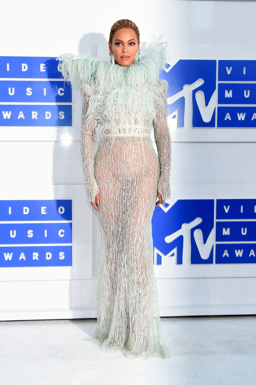 Beyoncé's ethereal 2016 MTV Video Music Awards ensemble was the work of Italian designer Francesco Scognamiglio. A structured, feathery collar was built into the mint-hued gown, giving Beyoncé an angelic, winged silhouette. 