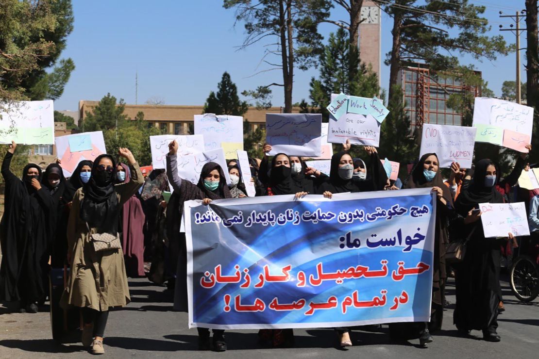 Women demonstrate for their rights in the city of Herat on September 2, 2021. 