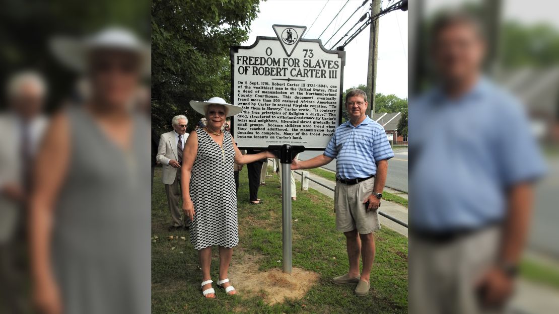 The Northern Neck of Virginia Historical Society has been honoring those manumitted by Carter since 2008. A highlight of the 2016 ceremony was the unveiling of a highway marker, which the society secured funding for. Here, Regina Baylor, a descendant of nine WIlson family members who Carter freed, and Carter descendant Charles Belfield pose with the sign. 