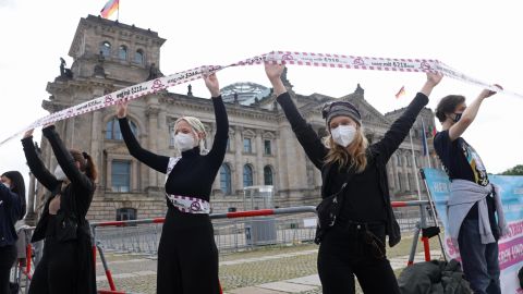 Abortion rights activists in Berlin form a human chain in front of the German parliament building in May.