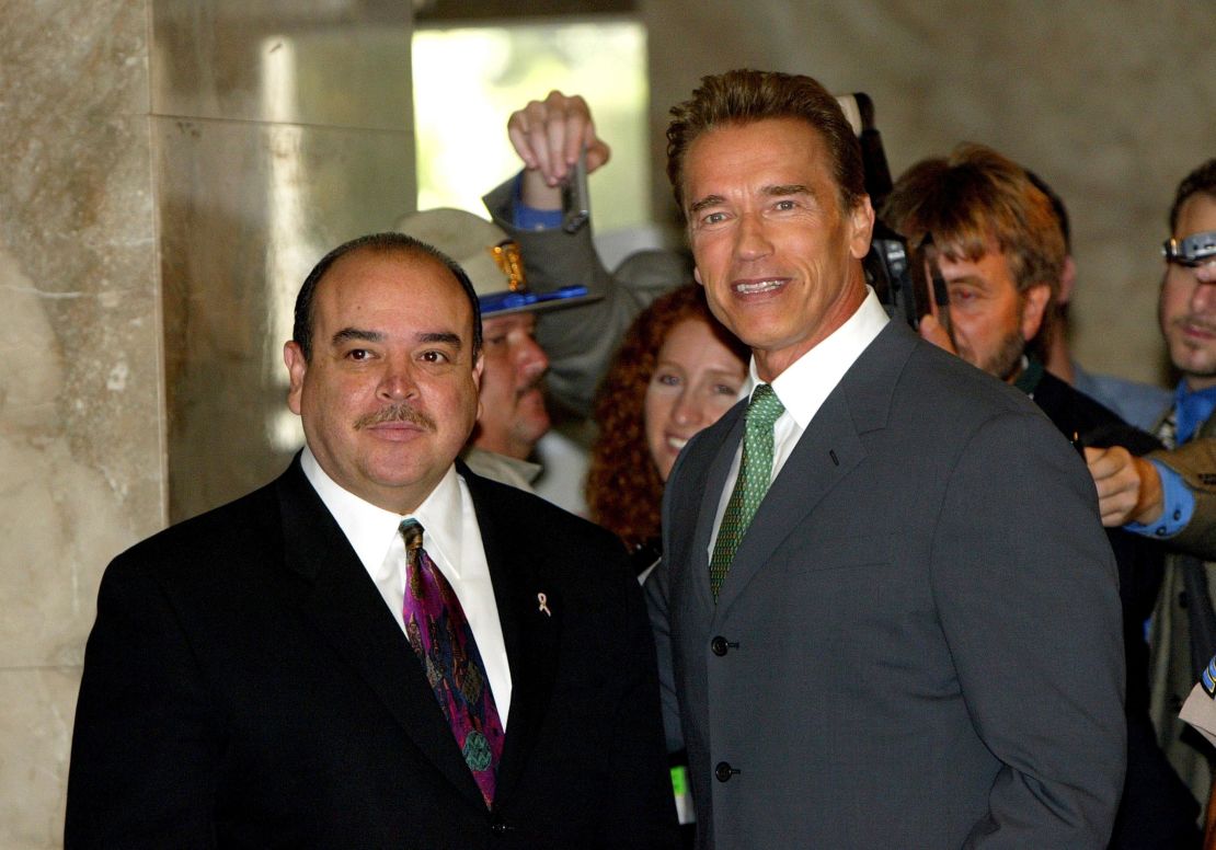 Schwarzenegger, right, then governor-elect, stops for a photo with Lt. Gov. Cruz Bustamante before a meeting at the State Capitol in 2003.