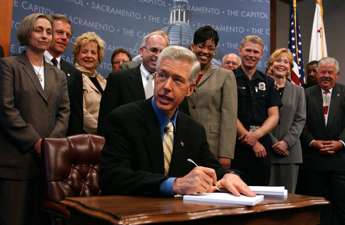 With union representives standing behind him, then-California Gov. Gray Davis signs the state budget in 2003.