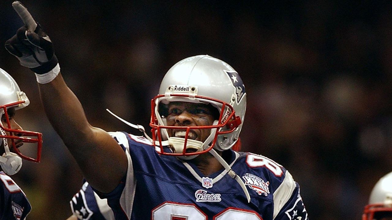 David Patten celebrates after catching a touchdown pass from Tom Brady during Super Bowl XXXVI in New Orleans, Louisiana. 
