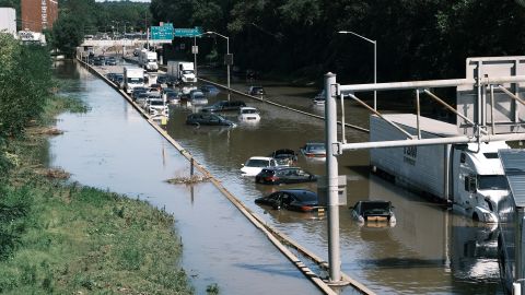 Cars sit abandoned on the flooded Major Deegan Expressway in the Bronx following a night of heavy wind and rain from the remnants of Hurricane Ida  on September 02, 2021 in New York City. 