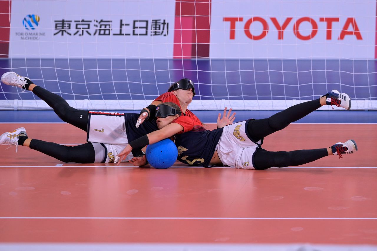 Americans Eliana Mason, left, and Amanda Dennis compete in a goalball match against Brazil on Sunday, August 29.