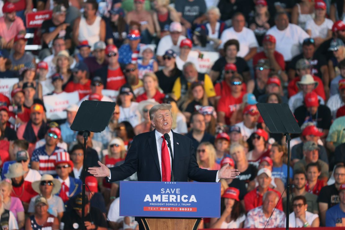 Former President Donald Trump speaks to supporters during a June rally in Ohio, campaigning for a former aide who's running against one of the House Republicans who voted to impeach him earlier this year. 