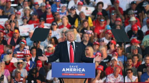 Former President Donald Trump speaks to supporters during a June rally in Ohio, campaigning for a former aide who's running against one of the House Republicans who voted to impeach him earlier this year. 